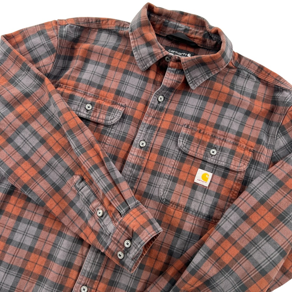Carhartt‎ Loose Fit Heavyweight Flannel Long Sleeve Plaid Shirt Men L Brown Gray